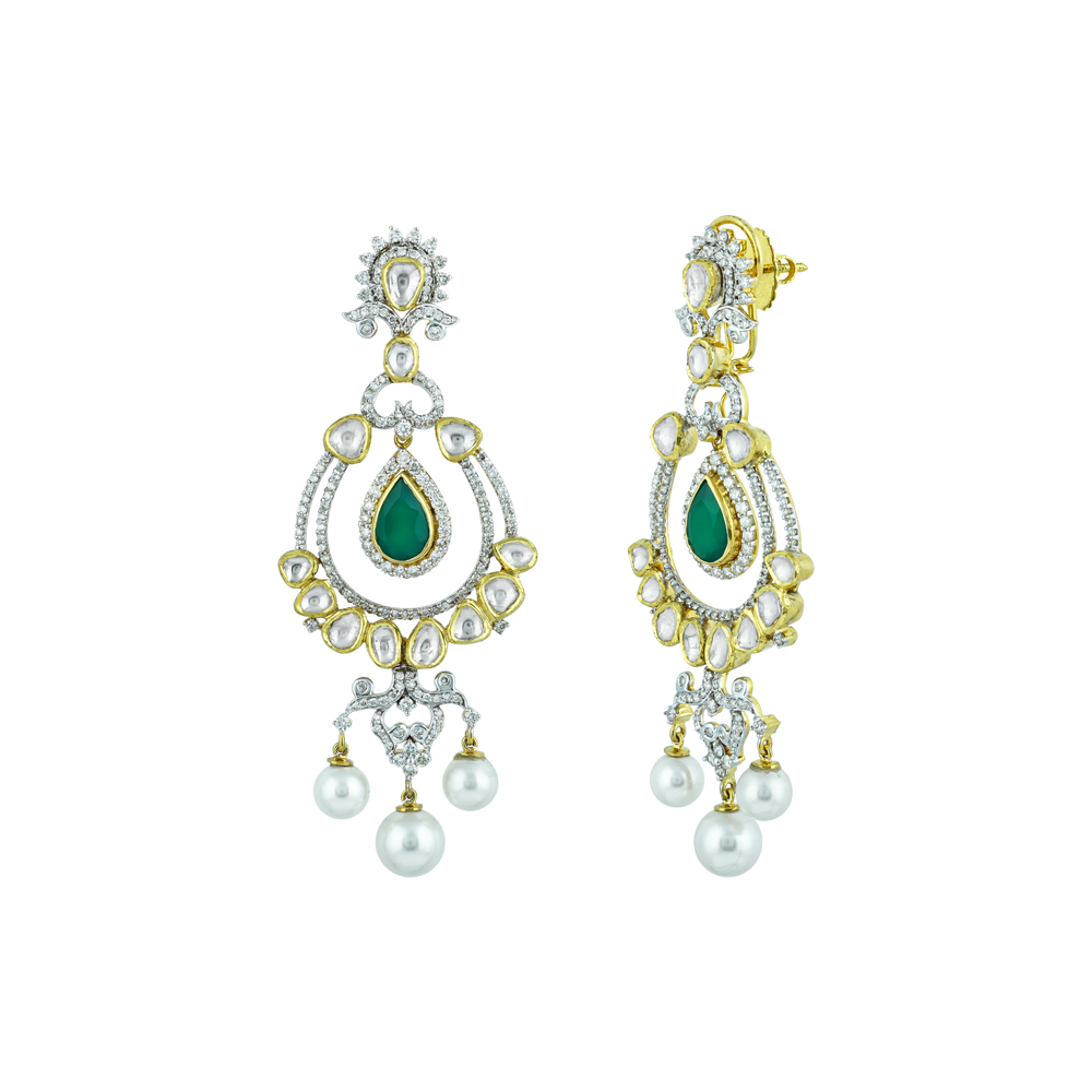 Polki Chandelier Earrings with Green Onyx Drops and Pearls